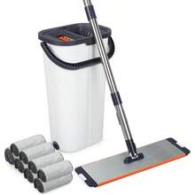 Easywring Washable Mop And Bucket With Wringer Set For Home Durable And Sturdy Aluminum Flat Mop Head 2-Chamber Wet And Dry For All Surfaces With 8 Reusable Microfiber Mop Pads 13 Inch 16 Inch - Xanh và Trắng - Xem 1