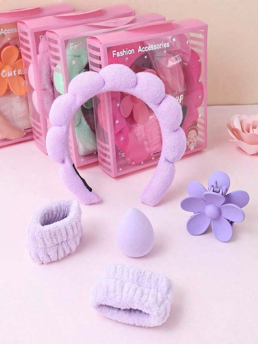 5 Pcs Girls Sponge Spa Headband Wristbands With Large Flower Hair Claw Clip Gift Set Hair Stuff Hair Accessories Set With Delicate Box For Party Gifts And Daily Use - 彩色 - 查看 1