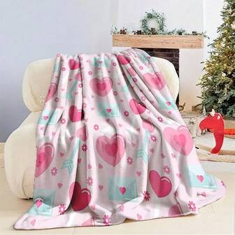 1pc Contemporary Flannel Valentine's Day Heart Pattern Blanket - Comfortable Warm Digital Printed Knit Throw Blanket, Suitable For Napping, Sofa, Office, Camping, Valentine's Day, Mother's Day, Multipurpose Gift Blanket, All Seasons