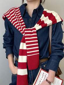 1pc Unisex Asymmetrical Striped Casual Shawl, Multi-Color Knitted Versatile Shawl - Suitable For Autumn/Winter, Christmas, Outdoor Wear - Same Style In Multiple Colors - View 5