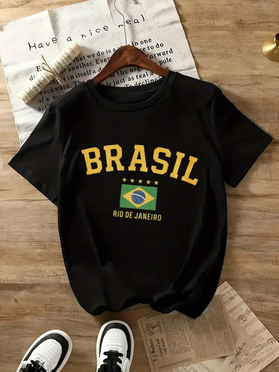 Fun Printed T Shirt Brasil Rio De Janeiro Flag Print T Shirt Unisex Short Sleeve Cotton Top For Men Women Casual Wear Summer TeeSuitable  For Sports Activitiesholiday Partiesoutingssports T Shirt - 黑色 - 查看 1