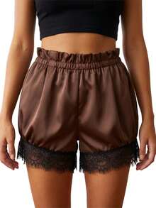 Women Shorts, Elastic Waist Lace Trim Summer Casual Shorts Streetwear For Casual Daily - màu nâu - Xem 7