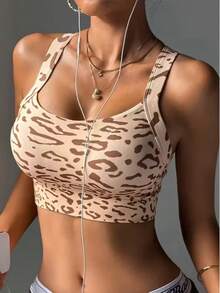 豹纹运动文胸，交叉露背性感瑜伽健身文胸 - 薑色 - 查看 2