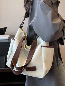 Minimalist Solid Color Canvas Tote Bag, Large Capacity Crossbody Bag, Portable Travel Shoulder Bag, Casual Handbag, Suitable For Outdoor Travel Or Commuting, Vintage Multi-Pocket Handbag, Multi-Functional Square Backpack, Large Capacity Student Tote Bag, Multi-Compartment Design, Perfect For Beach, School, Work And Daily Use, Women's Handbag, College Mother's Day Gift, Travel Essential - Beige - View 3