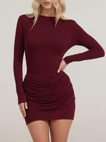 Spring And Summer Women's Casual Elegant Wine Red Mini Dress, Knit Fabric, Long Sleeve Round Neck, Ruched Fitted Design, Suitable For Parties And Events, Mother's Day - Burgundy - View 6