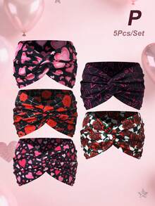 Băng đô bản rộng in hình hoa hồng và trái tim dành cho nữ, thích hợp làm quà tặng ngày Valentine (1 cái/3 cái/5 cái), phụ kiện tóc thời trang đa năng. - Nhiều màu - Xem 13