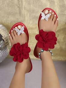 Women's Fashion Flat Sandals, Random Printed Fashionable PU Leather Applique, Suitable For Home Wear - Red - View 5