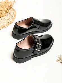 Sepatu Kulit Imitasi Anak Laki-Laki yang Muda dan Bersemangat, Kulit Imitasi Timbul dengan Pola Batu dan Finishing Mengkilap, Penutup Velcro dengan Dekorasi Gesper Modis, Cocok untuk Bermain Sehari-hari dan Sekolah - Hitam - View 4