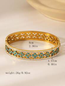 1pc Vintage Enamel Crafted Navy Blue Oil Drop Floral Gold Bangle Bracelet, Inlaid With Rhinestones, 18K Gold Plated Stainless Steel, Bohemian , Suitable For Women's Festivals, Daily Wear, Parties, Weddings, And As Gifts - Royal Blue - View 5