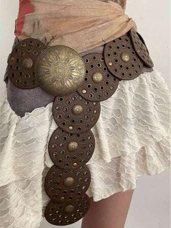 1 pieza Cinturón de mujer de estilo bohemio con patrón occidental de PU (poliuretano), versátil y minimalista, adecuado para festivales de música, estilo vaquero Y2K, vintage