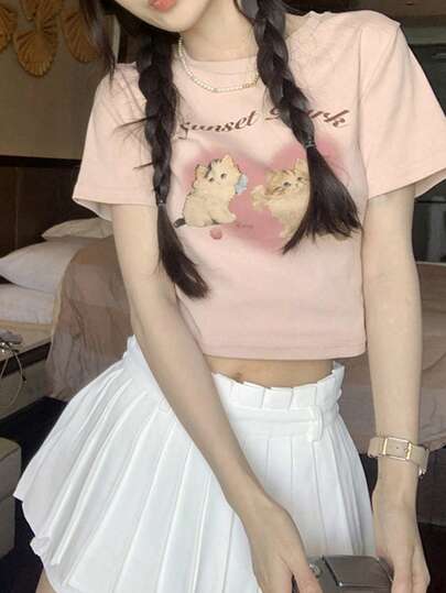 女士猫咪印花短袖T恤，夏季款