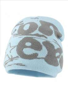 Korean Style Women's Knit Hat, Jacquard Letter Pattern, Fashionable Skull Cap, Street Style Beanie - Blue - View 1