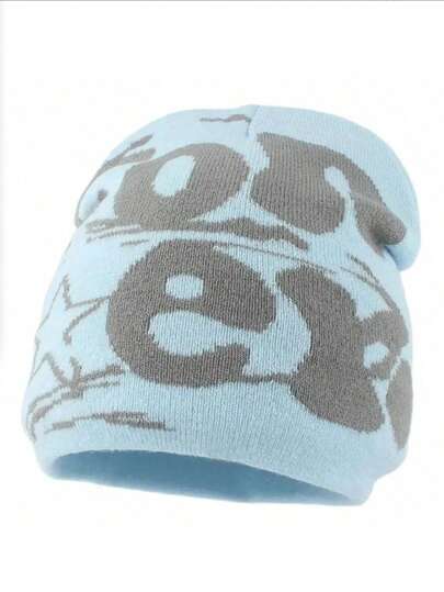 Korean Style Women's Knit Hat, Jacquard Letter Pattern, Fashionable Skull Cap, Street Style Beanie