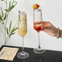 两只优雅长柄香槟杯，透明气泡酒杯，适用于派对、酒吧、餐厅、洗碗机、婚礼香槟，手工制作酒吧用具，长颈设计 - 透明 - 查看 7