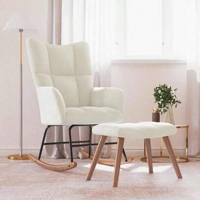 Cream White Velvet Rocking Chair With Footrest Stool - Nursery Glider Recliner Relaxing Accent Chair For And Adults - Durable Steel Frame Velvet Upholstery Modern Velvet Chair For Living Rooms