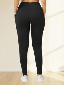 大码女式高腰收腹瑜伽裤，紧身打底裤，侧边口袋，撞色拼接设计，适合跑步、训练、休闲穿着，黑色，春季款 - 黑色 - 查看 4