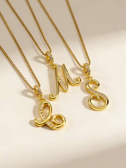 MECYLIFE 1pc Elegant Monogram Letter Necklace, Women's Rhinestone Embellished Letter Pendant Necklace With Stainless Steel Chain, Personalized Versatile Everyday Jewelry