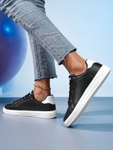 Women's Casual Sneakers, Black White Leather Low-Top Shoes With Ankle Chain, Comfortable Walking Shoes For Daily Wear, Fashion Gift For Her - Black and White - View 5