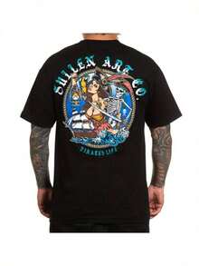 Men's Sullen Pinup Graphic Tee - Pirates Life Black Cotton-Shirt, Soft And Comfortable, Short Sleeve, Casual Style, Daily Wear Top |   Graphic Tee |   Microelastic Material - 黑色 - 查看 1