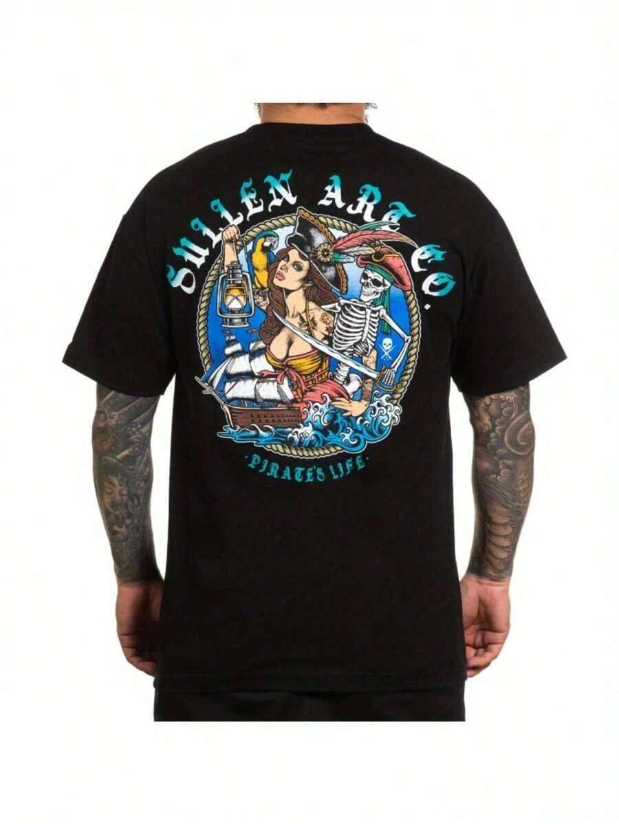 Men's Sullen Pinup Graphic Tee - Pirates Life Black Cotton-Shirt, Soft And Comfortable, Short Sleeve, Casual Style, Daily Wear Top | Graphic Tee | Microelastic Material - 黑色 - 查看 1