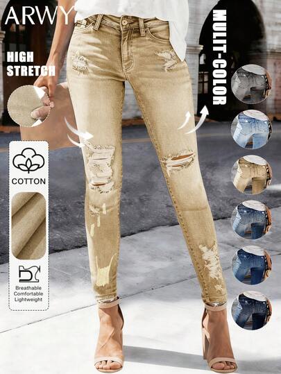 ARWY Women's Solid Color Minimalist Ripped Skinny Jeans, Casual Everyday Wear