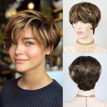 P4/27 高光精灵短发假发，带刘海，6英寸，150%密度，直发造型，适合女性，混合灰白发色，1B层次感直发，巴西原生发，无胶假发，完美适用于音乐节、母亲节、狂欢节、情人节、万圣节、万圣节、圣诞节、角色扮演、春夏秋冬等各种场合。 - 彩色 - 查看 12