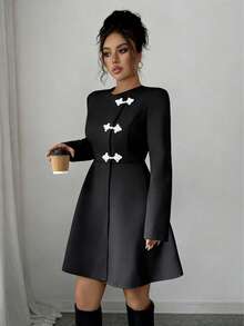 Stylish Women's Long Asymmetrical Flared Coat With Woven Fabric And Unique Toggle Closure Details - Black - View 5