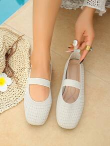 女士休闲春夏玛丽珍鞋，系带针织方头软底鞋 - 米白色小格子 - 查看 9