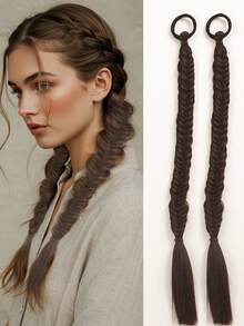2pcs 18-Inch Handmade Fish Bone Braided Ponytail Hair Extensions With Elastic Band, Suitable For Women - Multicolor - View 15