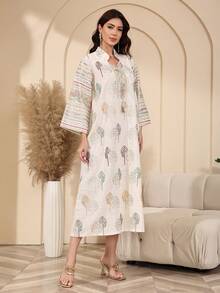 优雅刺绣阿拉伯风格连衣裙，JALABIA 领口拼接刺绣，时尚优雅的2026新款斋月传统服饰 - 白色 - 查看 8