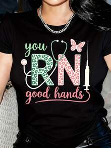 Women's RN Nursing-Themed Graphic T-Shirt - You RN Good Hands Symbols Print, Short Sleeve Crew Neck Casual Top, Dark Grey With Pink & Green Geometric Design, Machine Washable All-Season Tee, Nurse Shirt, H - Đen 29 - Xem 1