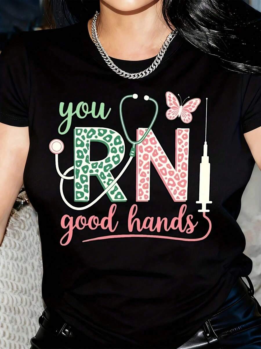 Women's RN Nursing-Themed Graphic T-Shirt - You RN Good Hands Symbols Print, Short Sleeve Crew Neck Casual Top, Dark Grey With Pink & Green Geometric Design, Machine Washable All-Season Tee, Nurse Shirt, H - Đen 29 - Xem 1