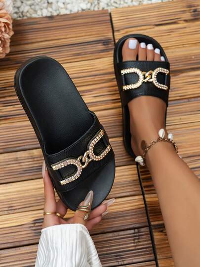 女士时尚绑带凉鞋，金色搭扣装饰，休闲舒适平底拖鞋，适合户外、度假、海滩穿着