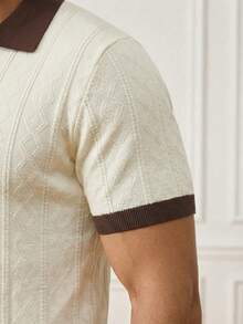 男士春夏 Polo 衫，拼接领，菱形图案，撞色罗纹针织，复古绅士风格，休闲百搭；男士针织上衣；设计师男士针织衬衫 - 香檳色 - 查看 5