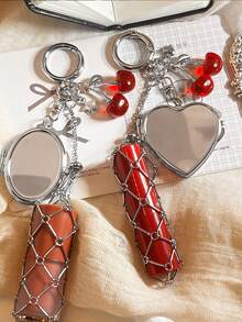 1pc Elegant Valentine's Day/Birthday Gift Silver Lipstick Net Keychain, Y2K Bag Charm Fashion Lipstick Hand Cream Chain Pendant, Heart Mirror Bow Cherry Keychain Car Key Chain - Silver - View 2