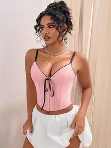 Yuwenier Y2K Ösen-V-Ausschnitt Kontrastband-Schleife Vorderseite Überbrustgeschnürtes Korsett/Mieder formendes Top