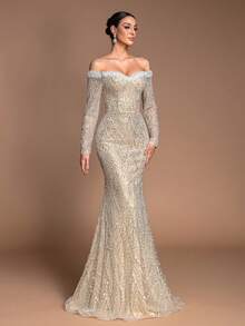 Elegant Women's Sparkling Beaded Off-Shoulder Mermaid Long Sleeve Dress, Fitted Long Shoulder-Revealing Gown With Pearl Embellishment, High-End Evening Gown For Wedding, Business, Party - 香檳色 - 查看 4
