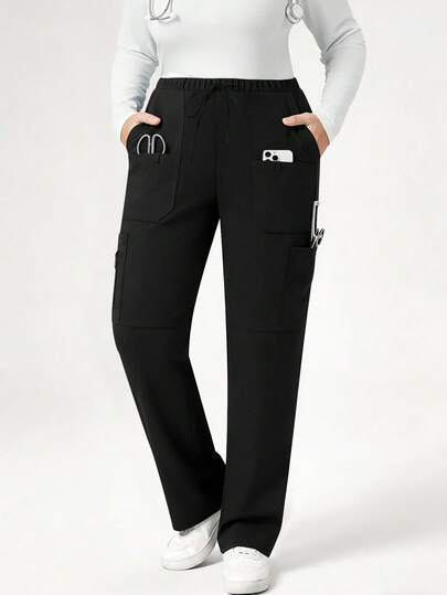 cimmuovere Plus Size Women's Multi-Pocket Drawstring Solid Color Scrubs Nurse Scrubs Workwear Dentist Healthcare Pet Hospital Laboratory Scrub Uniform Pants Black