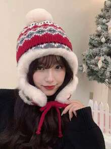 1pc Women's Colorblock Furry Warm Knit Beanie Hat, Autumn/Winter, Thick Ear Protection For Cycling - Burgundy - View 9