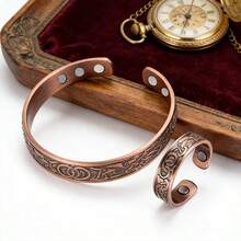 1Pc Vinatge Men's Copper Magnetic Bracelet Celtic Knot Life Of The Tree Carving Open Cuff Bangle With 6 Magnets - Adjustable Size Jewelry Gift For Punk Men Women Boyfriend Dad Fathers Day Best Friend Gift Back To School Halloween Christmas Accessories (Electroplating Products Have A Slight Scratch Is Normal) - Burgundy - View 4