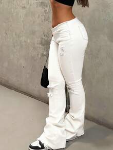 NVFelix Women's Low Rise Slim Fit Flared Pants Stretchy Fabric Distressed And Ripped Details Retro Casual Style Perfect For Winter Thanksgiving And New Year's White - White - View 7