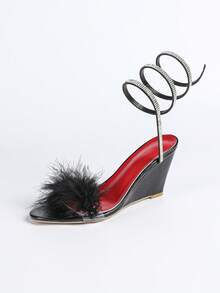 夏季新款露趾水钻毛绒坡跟蛇纹罗马高跟凉鞋，时尚韩版，舒适 - 黑色 - 查看 7