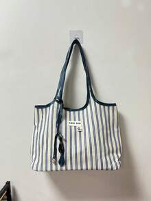 Back To School Season Korean Style Blue & White Striped Tote Bag, Large Capacity Casual Shoulder Bag For Daily, Commute, Shopping, Versatile - Multicolor - View 2