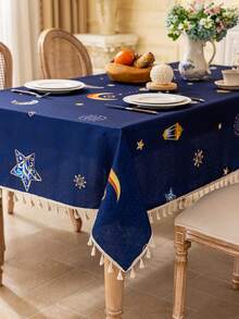 1件蓝色长方形桌布，饰有金色月亮、星星和灯笼图案，米色流苏装饰，可水洗，适用于餐桌、咖啡桌、小方桌，家居装饰，厨房，餐厅，派对，晚宴，阿拉伯风格节日装饰，礼品 - 藍色 - 查看 8
