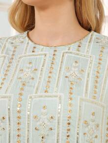 ASBB 重工刺繡金色亮片阿拉伯女款 JALABIYA 圓領金色領結綠色優雅洋裝，2026年秋季派對度假休閒穿著 - 薄荷綠 - 查看 4