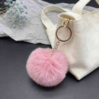 1 pieza Llavero con pompón de piel de conejo falsa de 8cm, llavero con bola esponjosa de unicolor para ropa, bolsos, accesorios