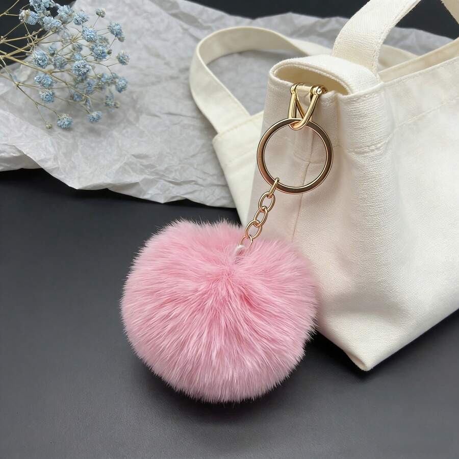 1 pièce Pompon de fourrure de lapin faux de 8 cm, porte-clés boule de fourrure de couleur unie pour vêtements, sacs, accessoires - Blanc - Voir 1