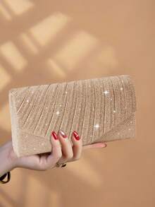 REMANLAND 1件优雅褶皱亮面女士手提包，时尚魅力女士晚宴钱包，信封式手拿包，带隐藏式卡槽和隔层，配有可拆卸金属链的单肩包，是派对女孩、新娘和节日礼物的理想之选。 - 香檳色 - 查看 4