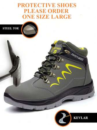 （尺码偏小，请选购大一码）男士钢头安全靴，舒适时尚，防砸PU皮，防水防刺鞋底，防滑高帮运动鞋