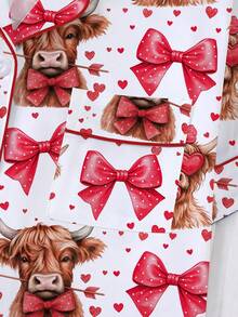 情人节可爱奶牛印花女士睡衣套装（2件套），面料柔软，时尚睡衣，适合派对穿着，短袖衬衫带领和纽扣，弹性短裤，休闲家居服，室内外均可穿着，四季皆宜。 - 彩色 - 查看 5